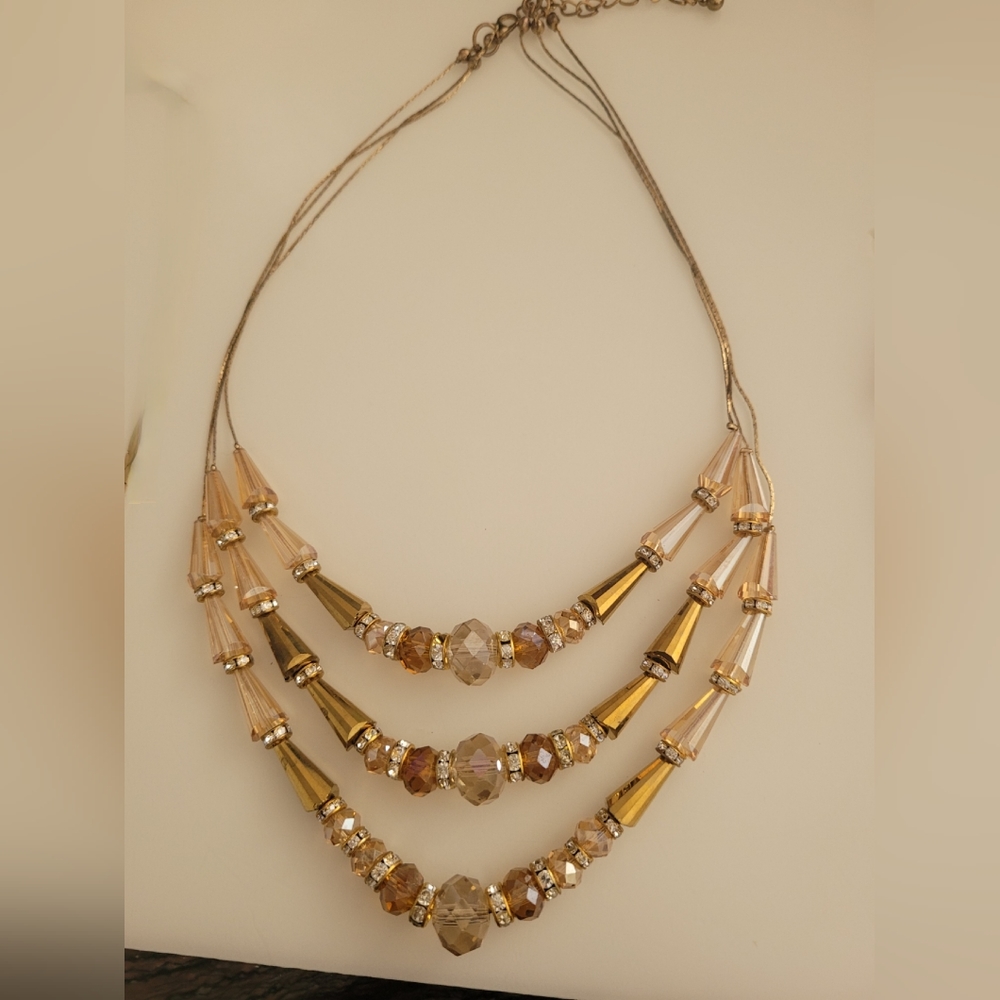 3 Layer Necklace With Assorted Crystal Beads! Gold-tone Chain Starts Tarnishing!